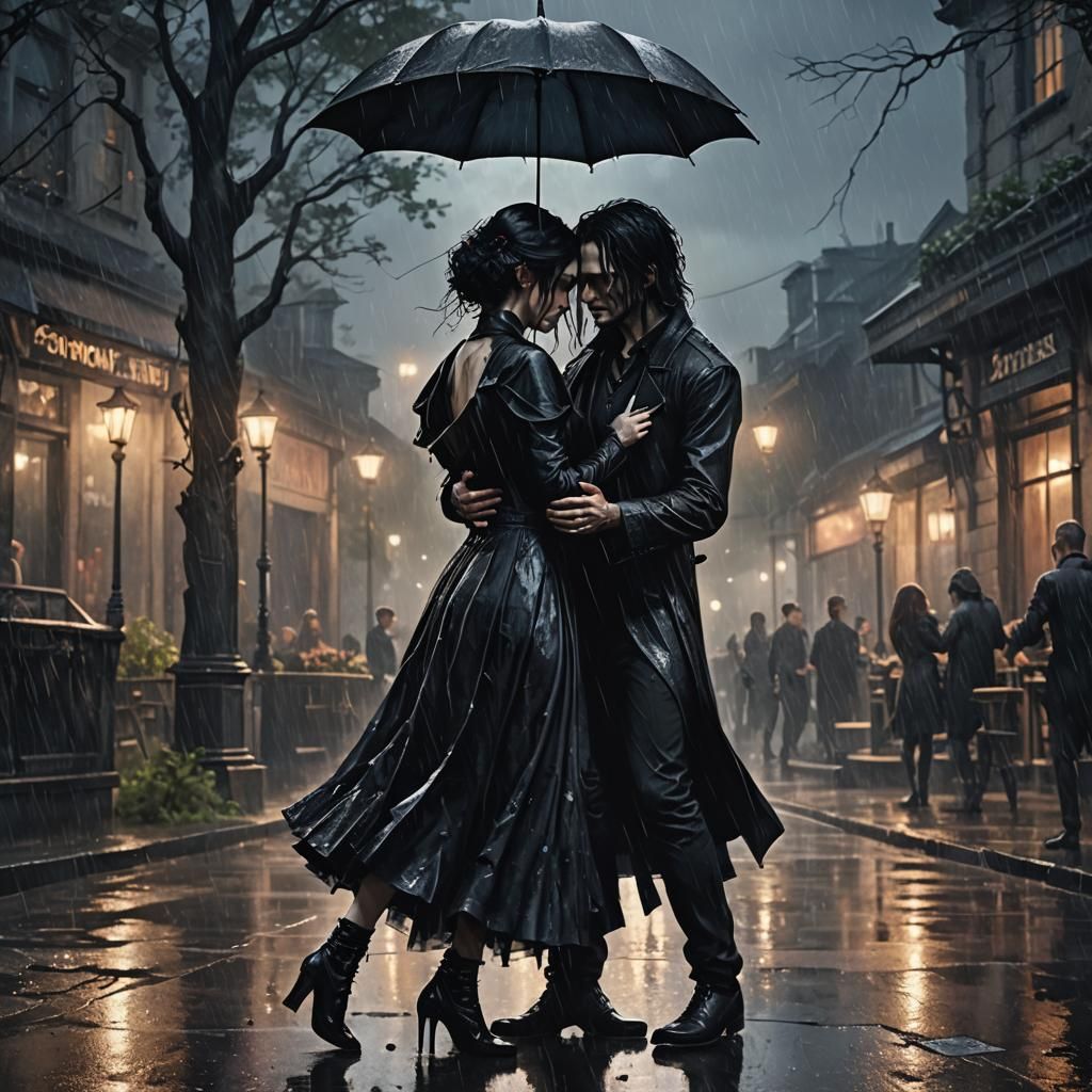 Goth Couple Dancing in the Rain: Painterly Watercolor