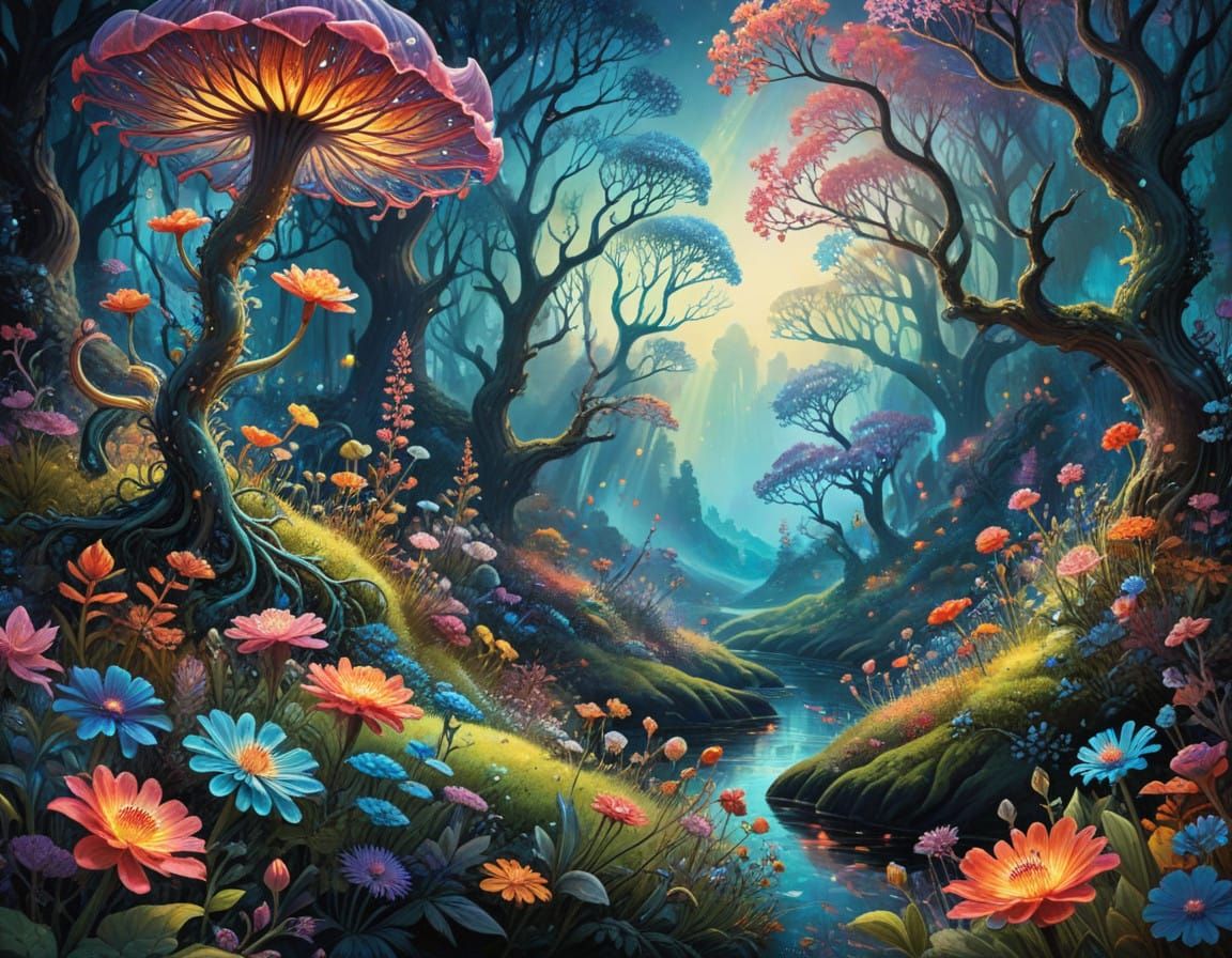 Vibrant, Surreal Woodland Landscape with Twisting Trees and....