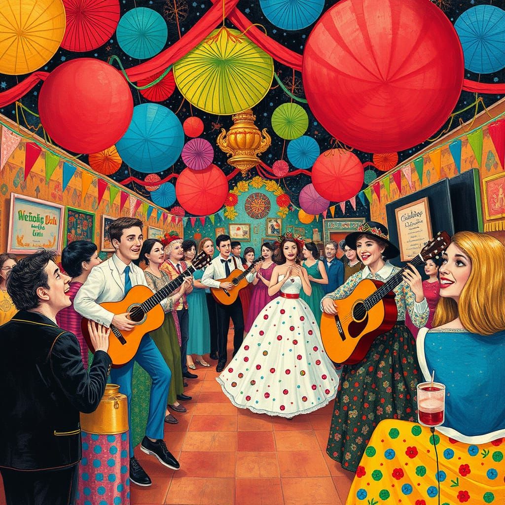 Vibrant Fiesta Celebration in Folk Art Surrealism