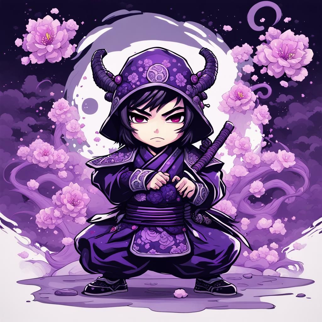 Chibi Samurai in Gothic Manga Style with Dragons