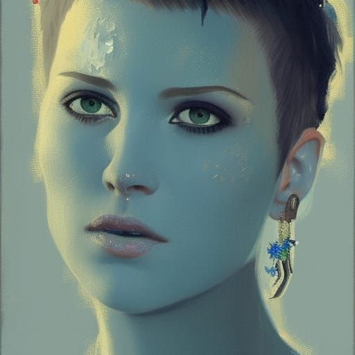 Punk Woman with Flower Crown, Detailed Oil Painting