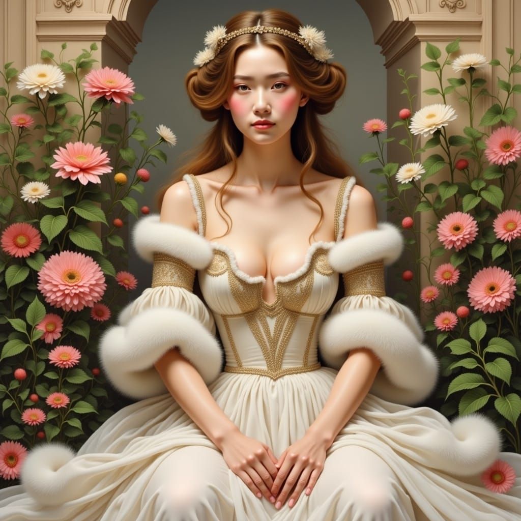 Regal Woman in Garden, Dreamy Symbolist Portrait