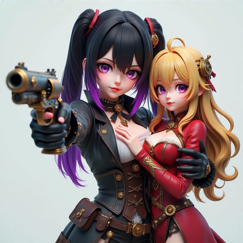 Gothic Steampunk Anime Girl Aims Pistol