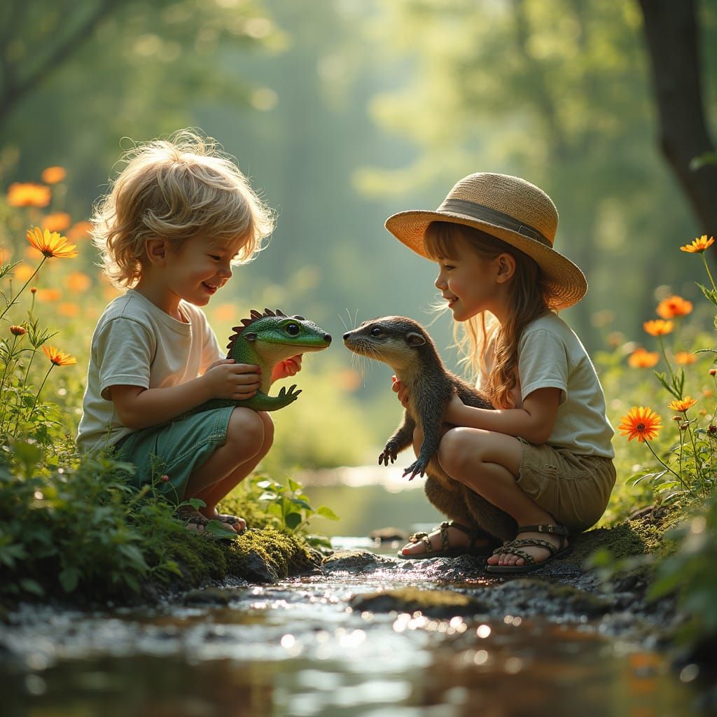 The baby green dragon never saw an otter before and marveled at the beast's furry scales.