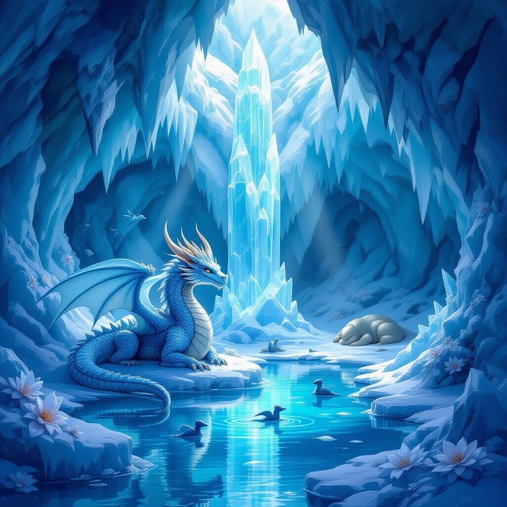 Majestic Ice Dragon in Crystalline Home