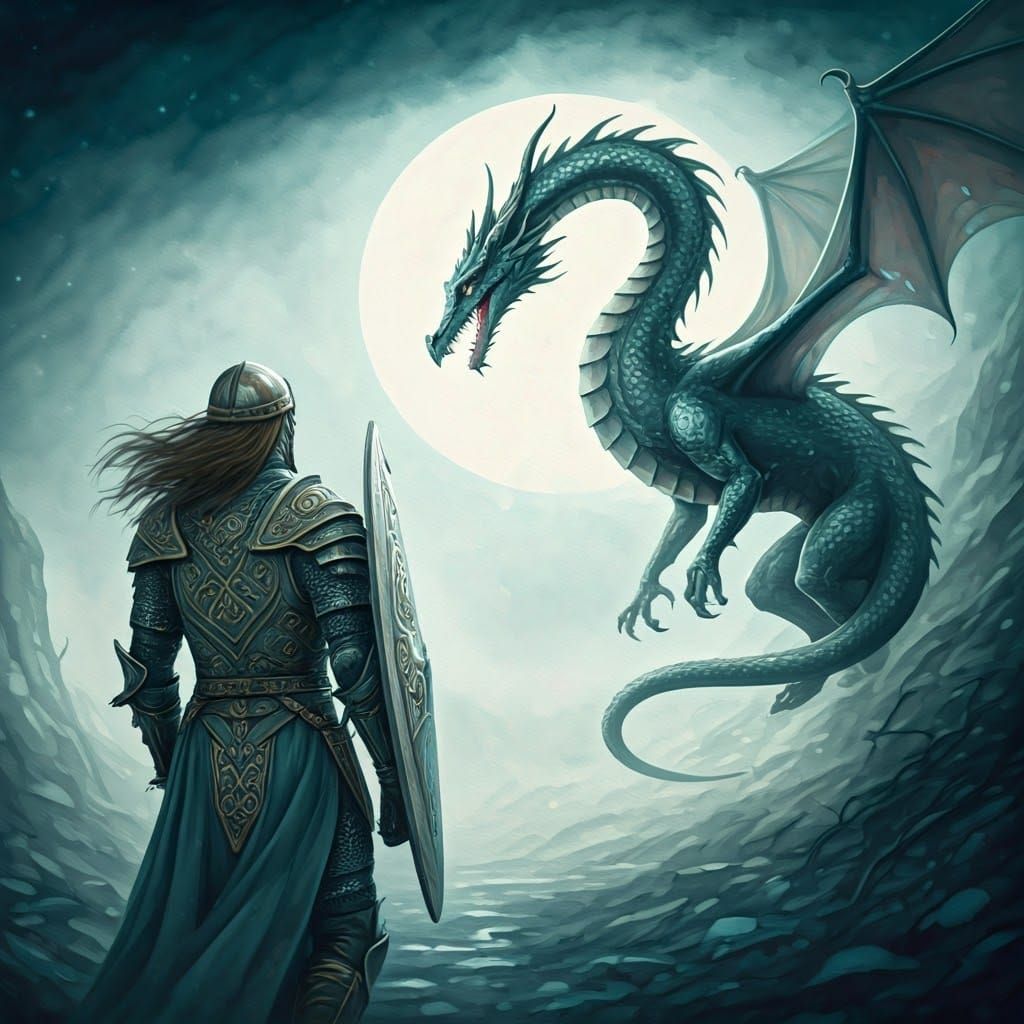 Warrior and Dragon in Watercolor Fantasy Art