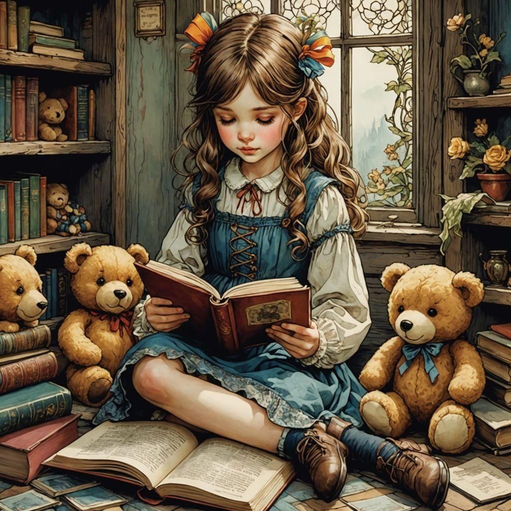 Colorful Anime Figures with Ribbons, Rackham Style