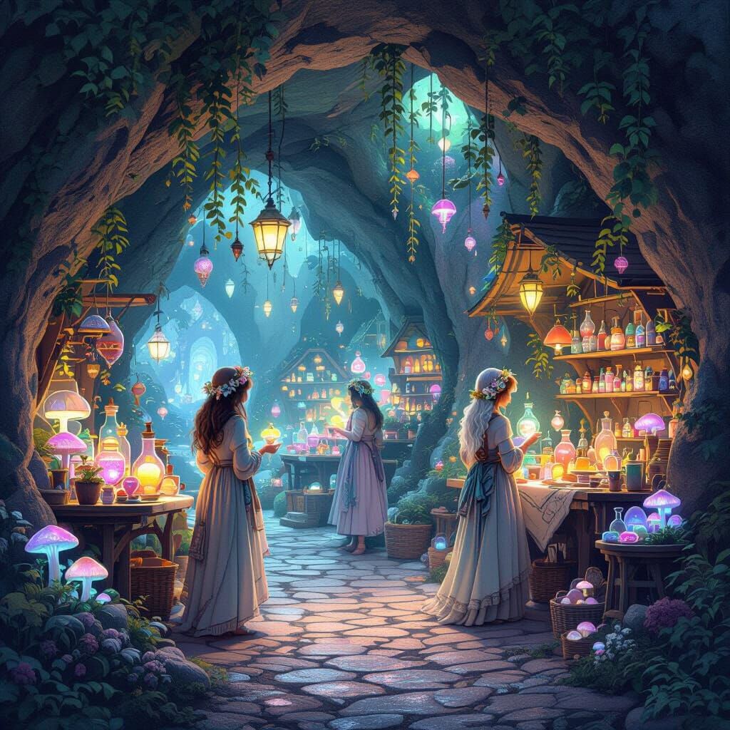 Enchanted Fairy Market in Bioluminescent Grotto