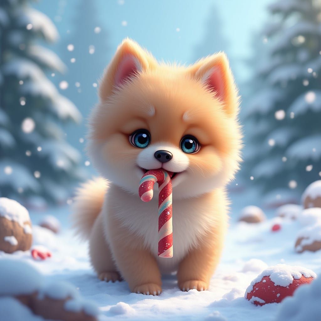 Whimsical Pomeranian in Snowy Wonderland with Candy Cane