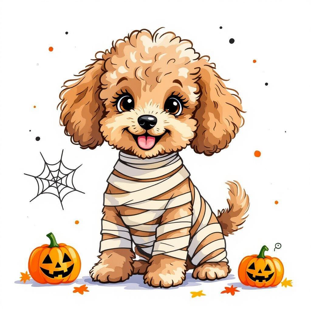 Cute Mummy Poodle Puppy Halloween Drawing