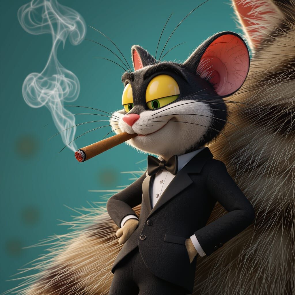 Cartoon Flea in Suit Smokes Cigar on Cat Hair