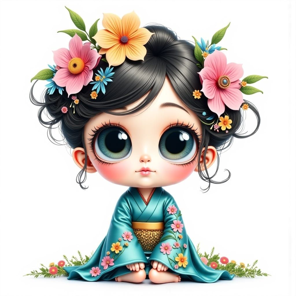 Adorable Chibi Girl with Flower-Filled Hair in Watercolor St...