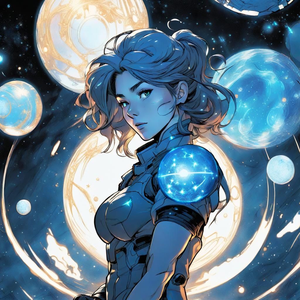 Female Holding Blue Planet in Keane Style