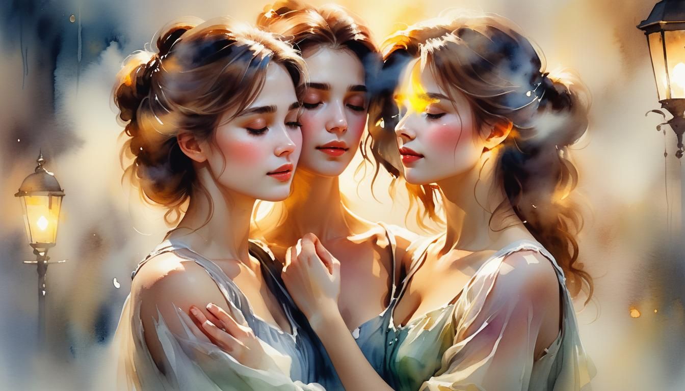 Watercolor of Women Embracing in Misty Lamplight