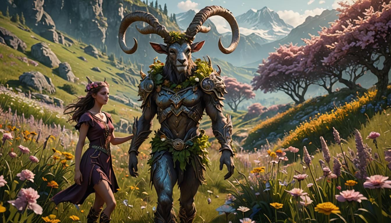 Faun and Girl in Flower Field: Fantasy Concept Art