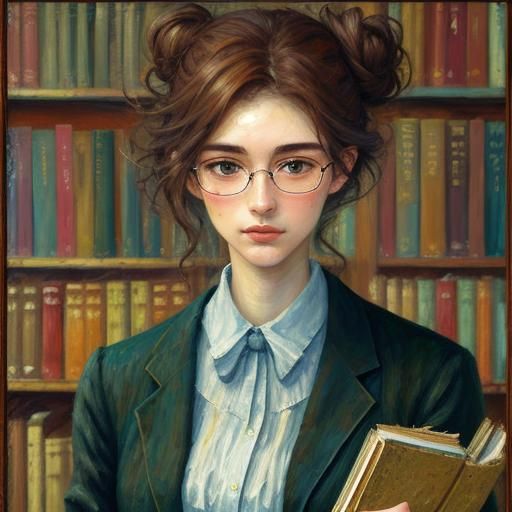 Slender Nerd Girl Surrounded by Books as Impasto Painting