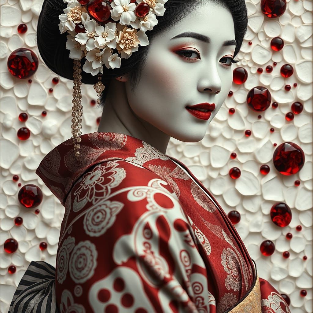 Elegant Geisha in Burgundy and White Kimono
