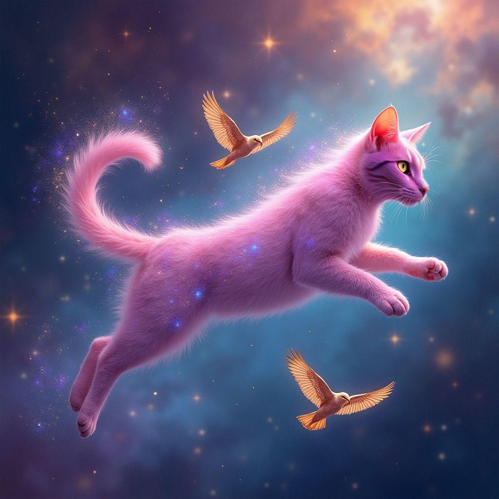 Celestial Cat Leaps Through Mystical Outer Space