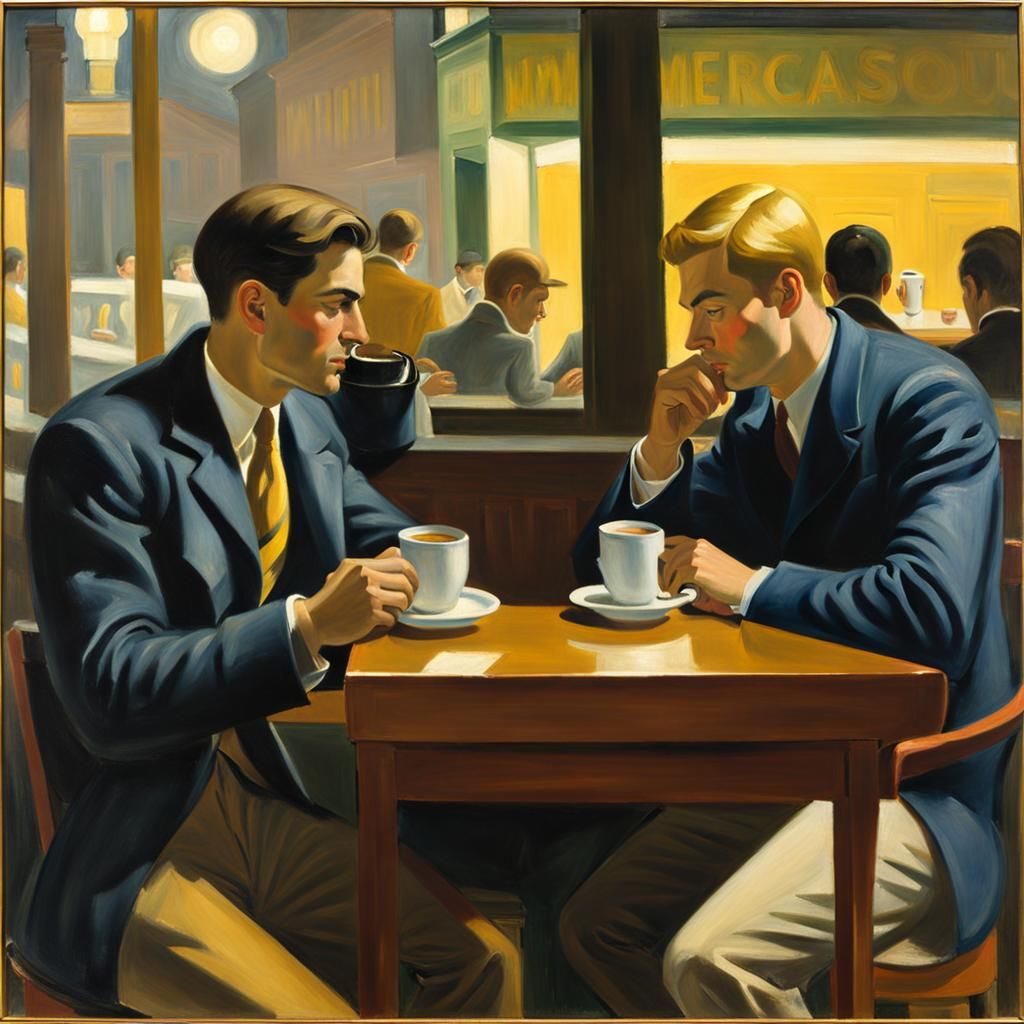 Men in Café: American Realism Oil Painting