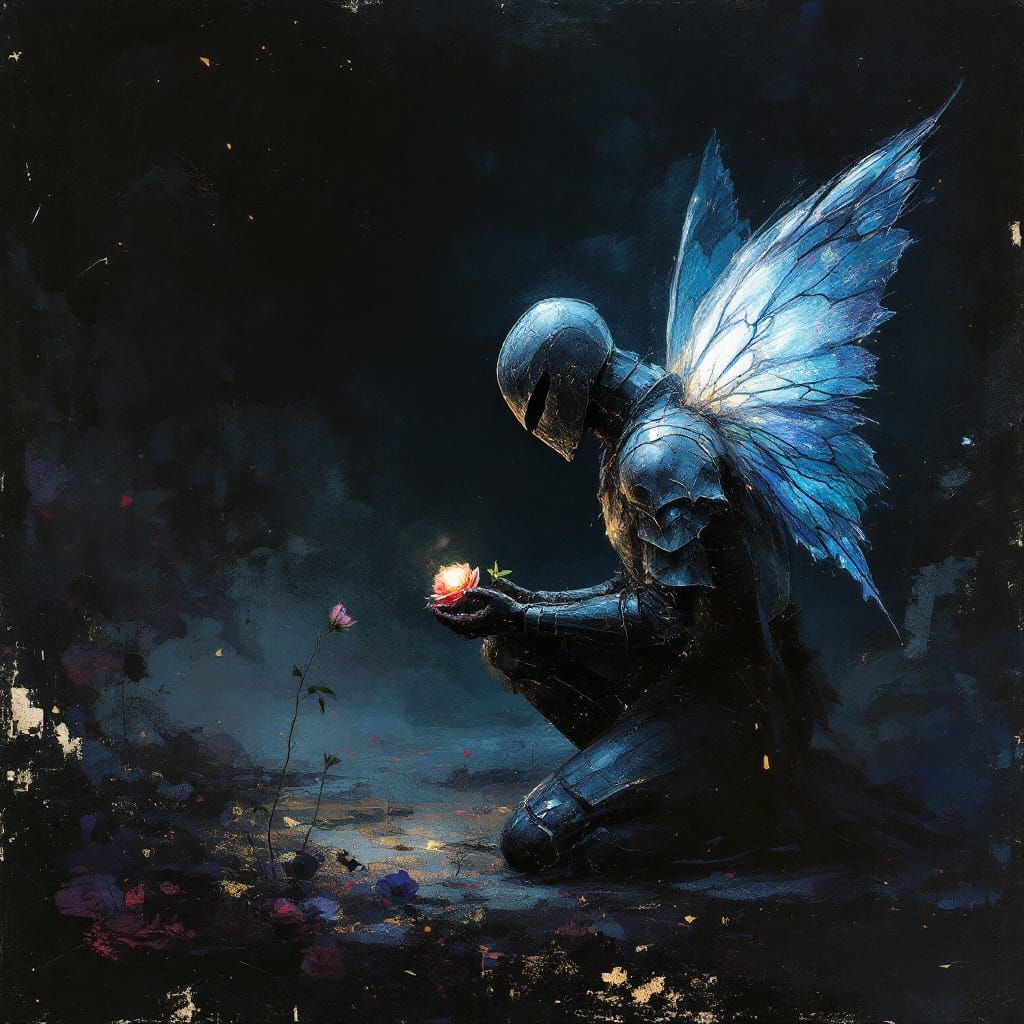 Knight in Butterfly Wing Armor Kneels Before Glowing Rose