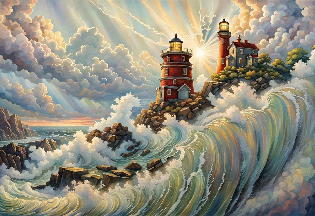 Majestic Lighthouse in Storm at Sunset, Fantasy Art