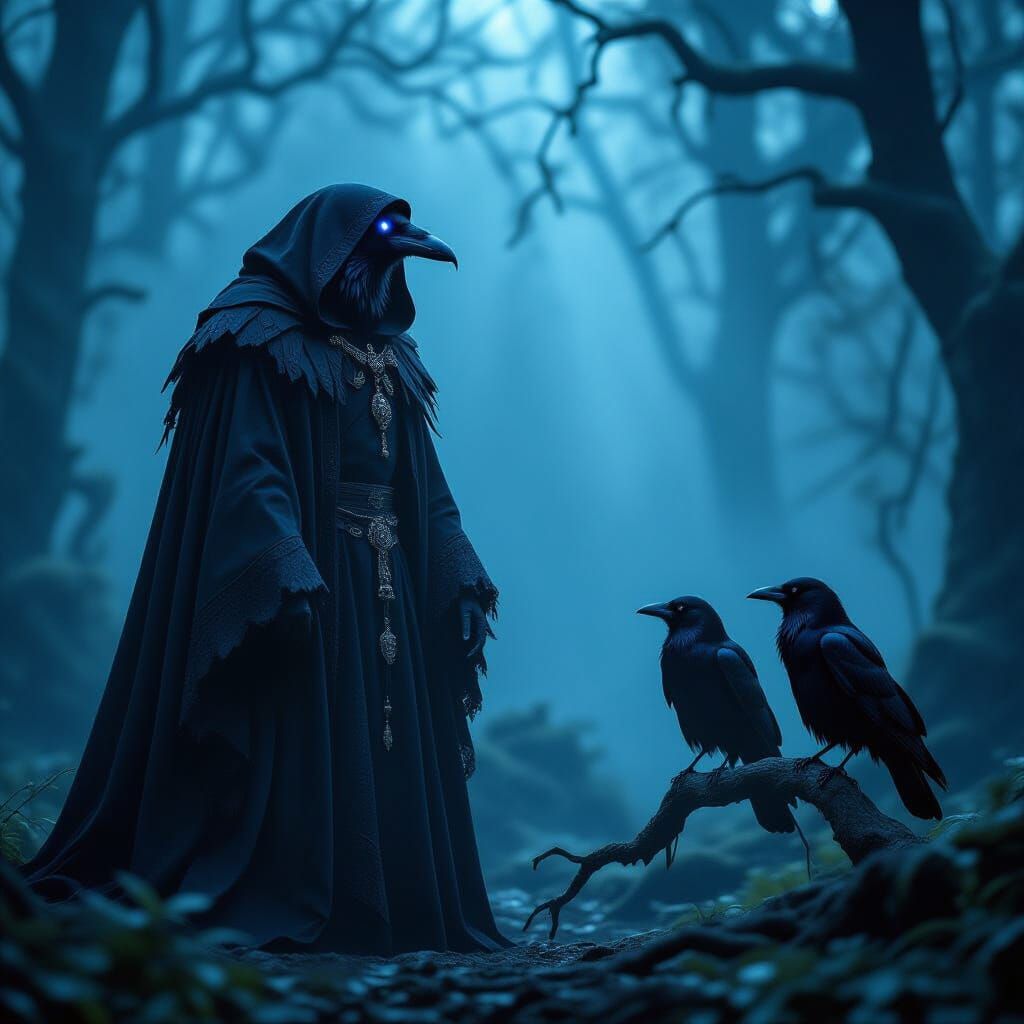 Gothic Forest Twilight with Commanding Anthropomorphic Raven