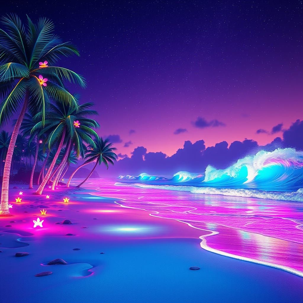 Surreal Neon Beachscape at Dusk in Vibrant Fantasy Style