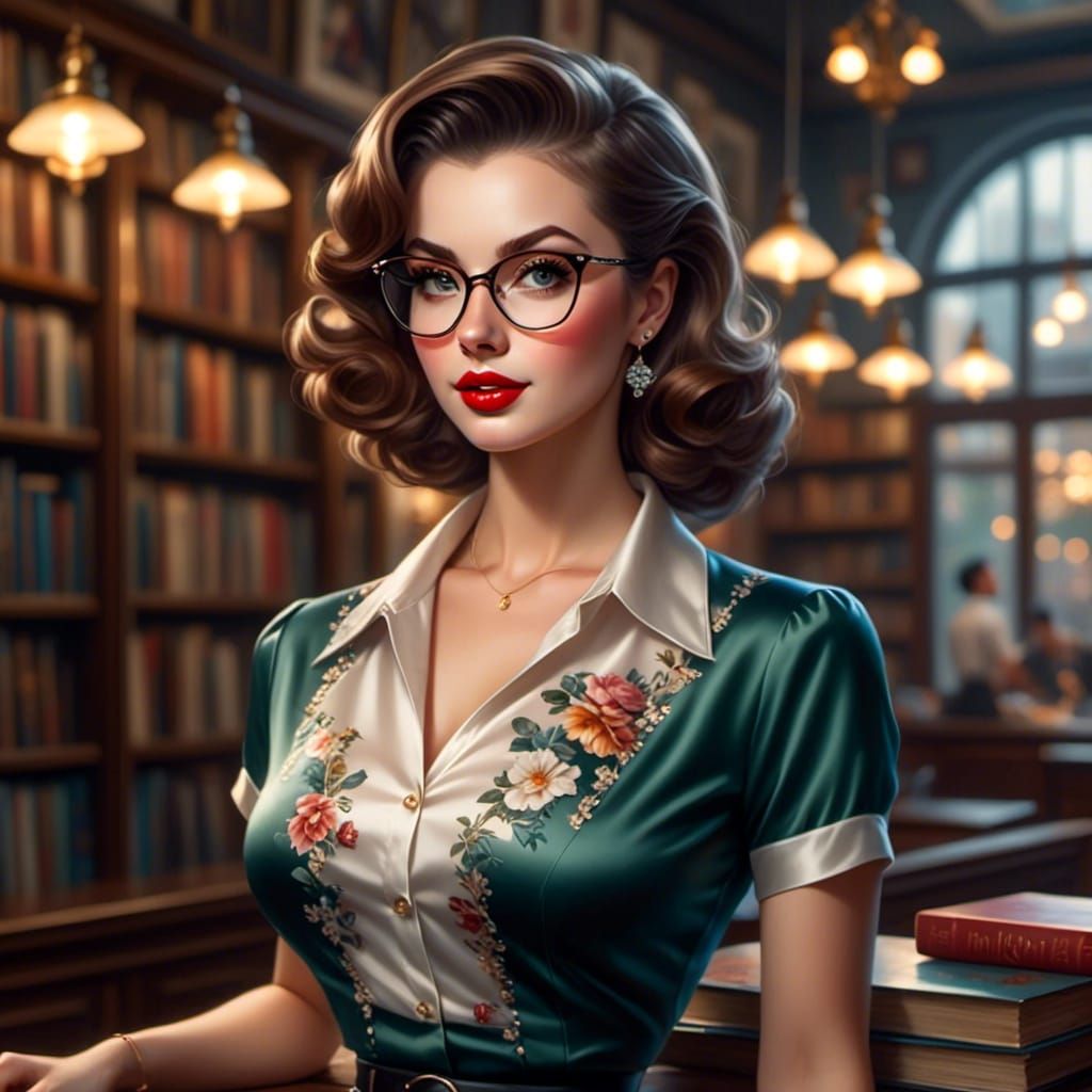 1950s Woman in Bookstore: Photorealistic Concept Art