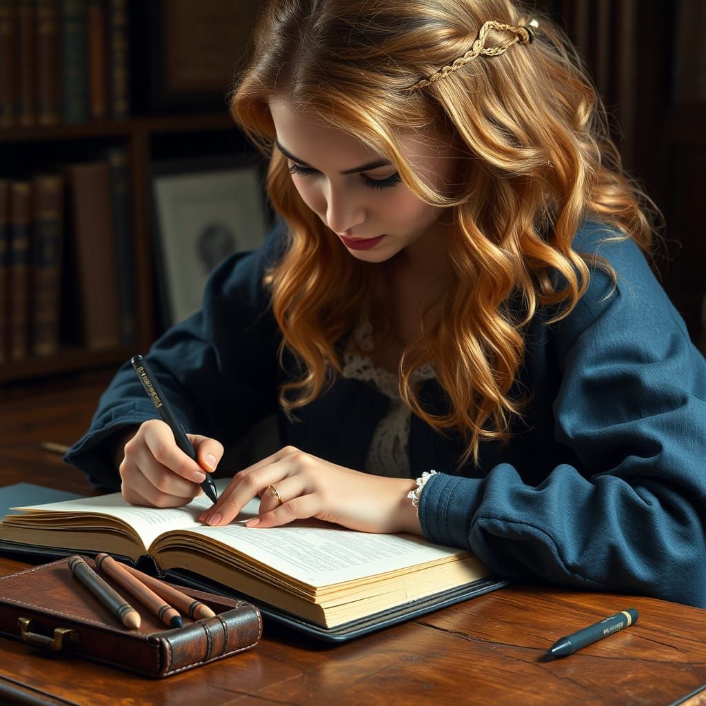 Young Woman Absorbed in Writing