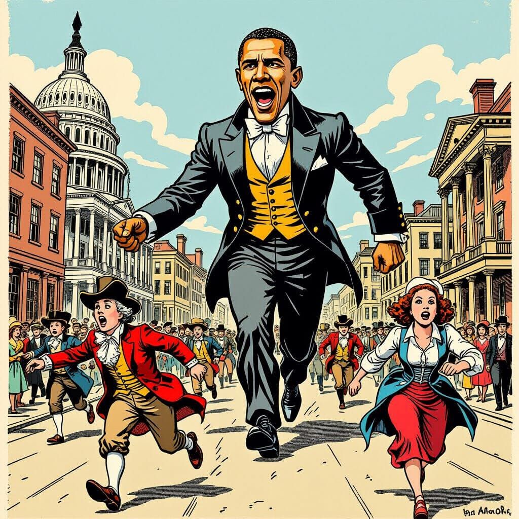 Giant Obama Terrifies Tea Party: Vintage Cartoon Style