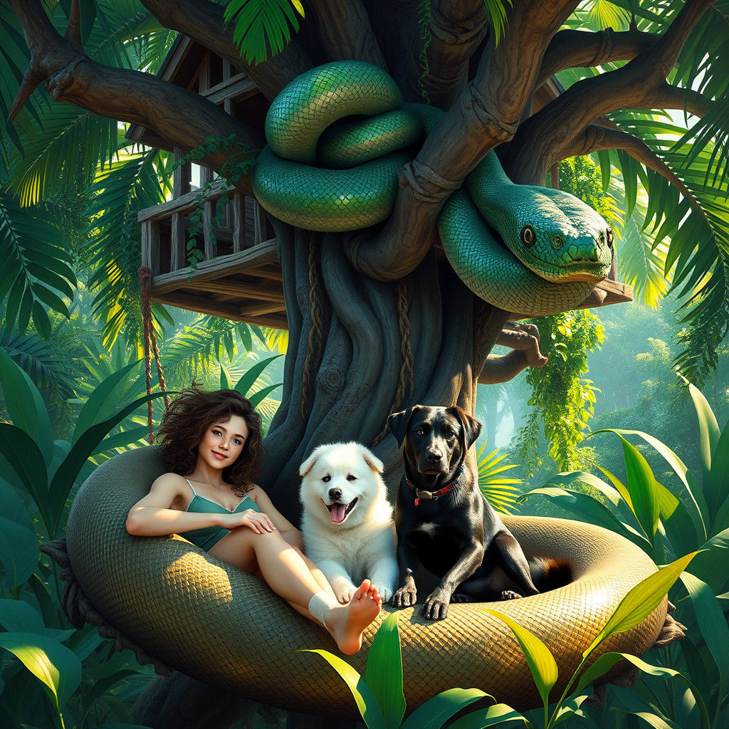Exotic Treehouse Scene with Friends and Boa Constrictor