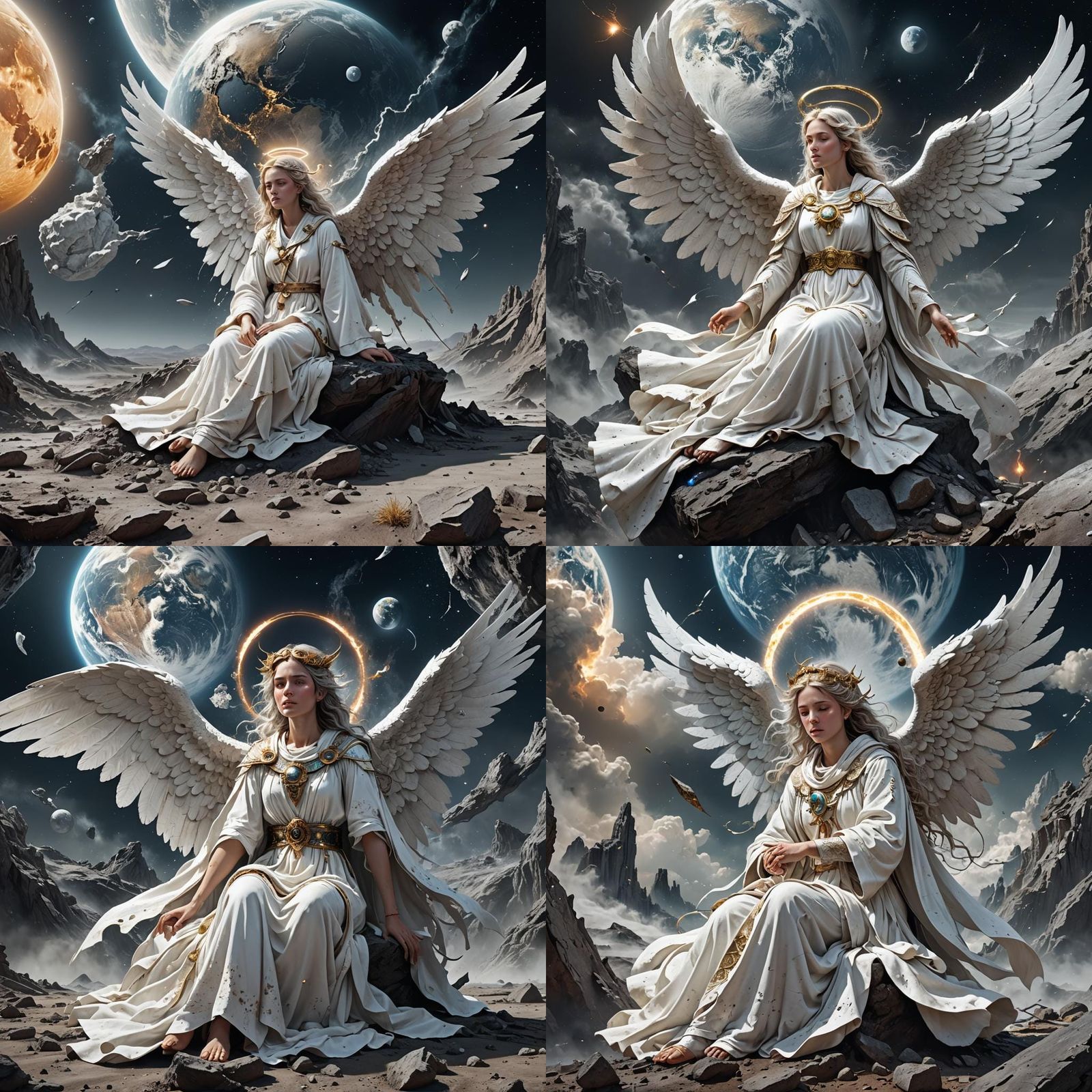 Emotional Angel on Moon Grieves for Earth