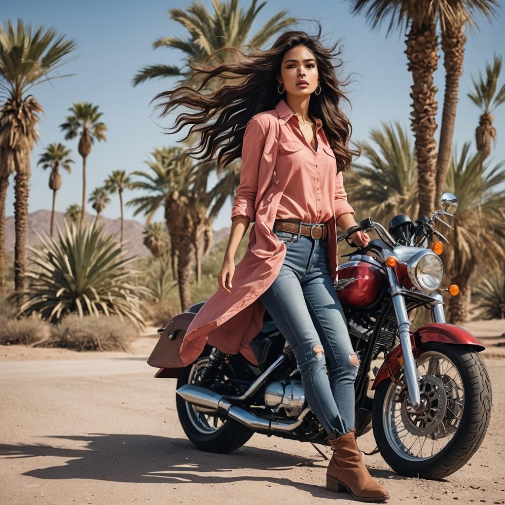 Mexican Woman in Red Dress with Harley Davidson