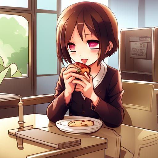 Anime Girl Eating Burger in Manga Style