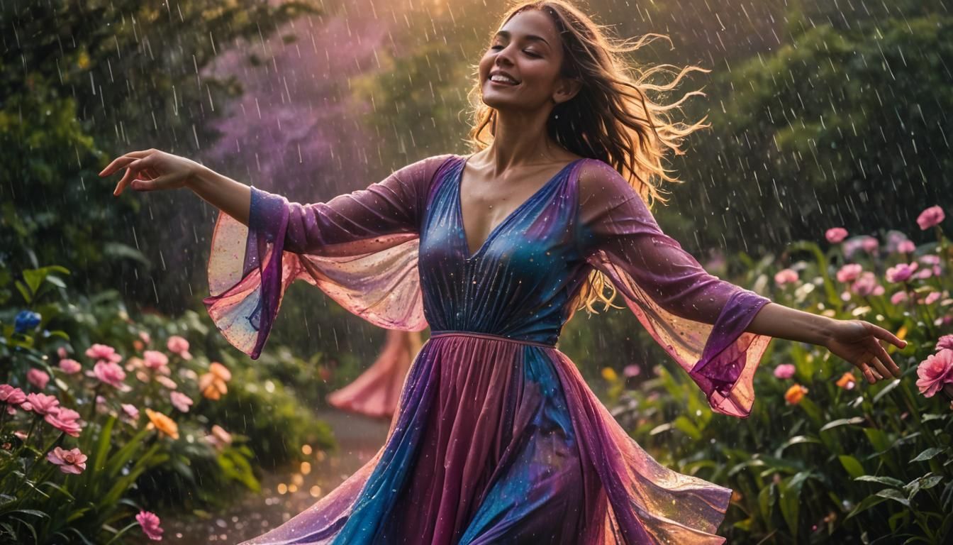 Woman Dancing in Rain with Flowers, Chagall-Inspired