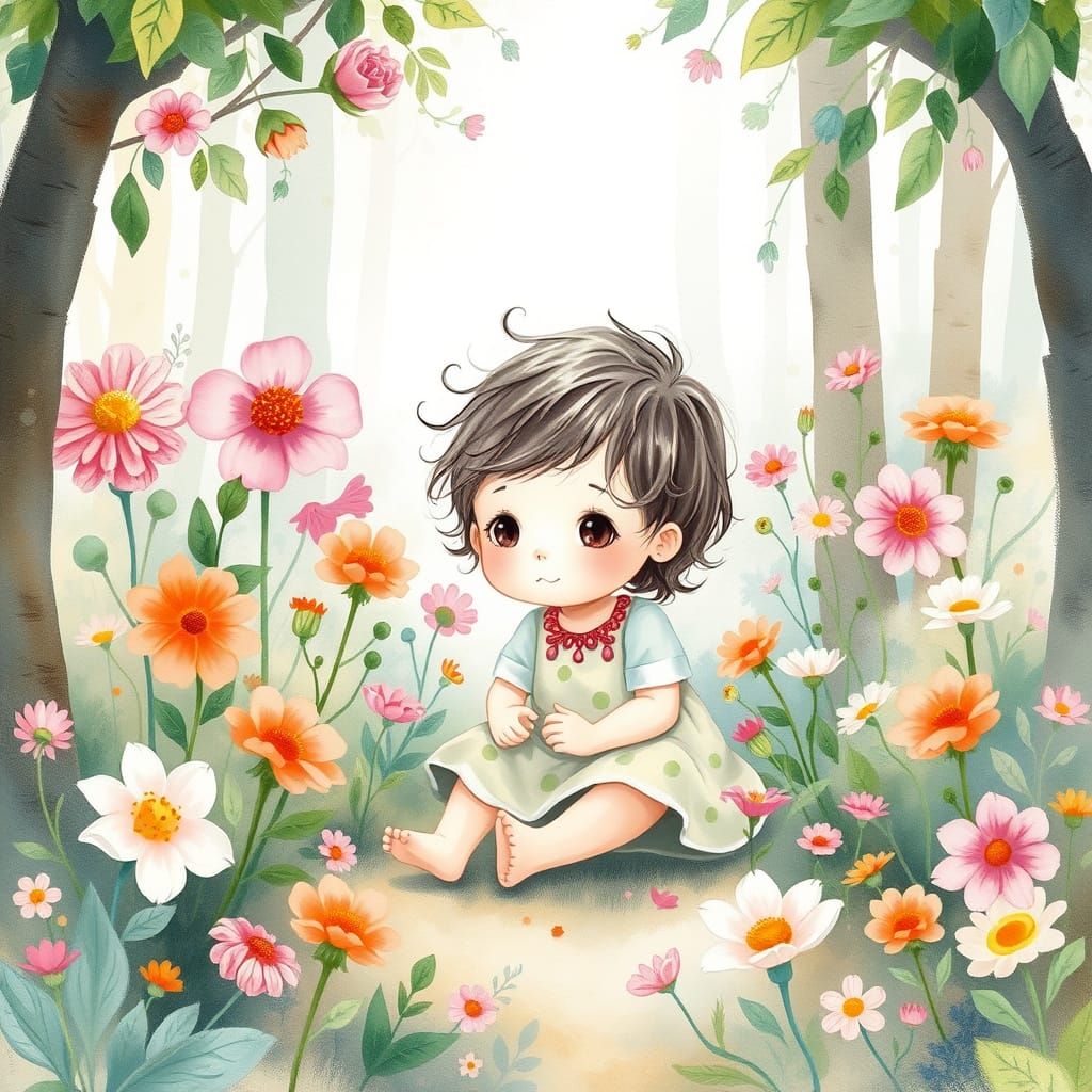 Whimsical Child in Ethereal Watercolor Forest