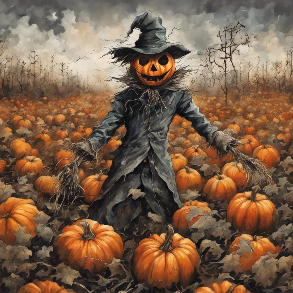 Sinister Scarecrow in Spooky Pumpkin Patch