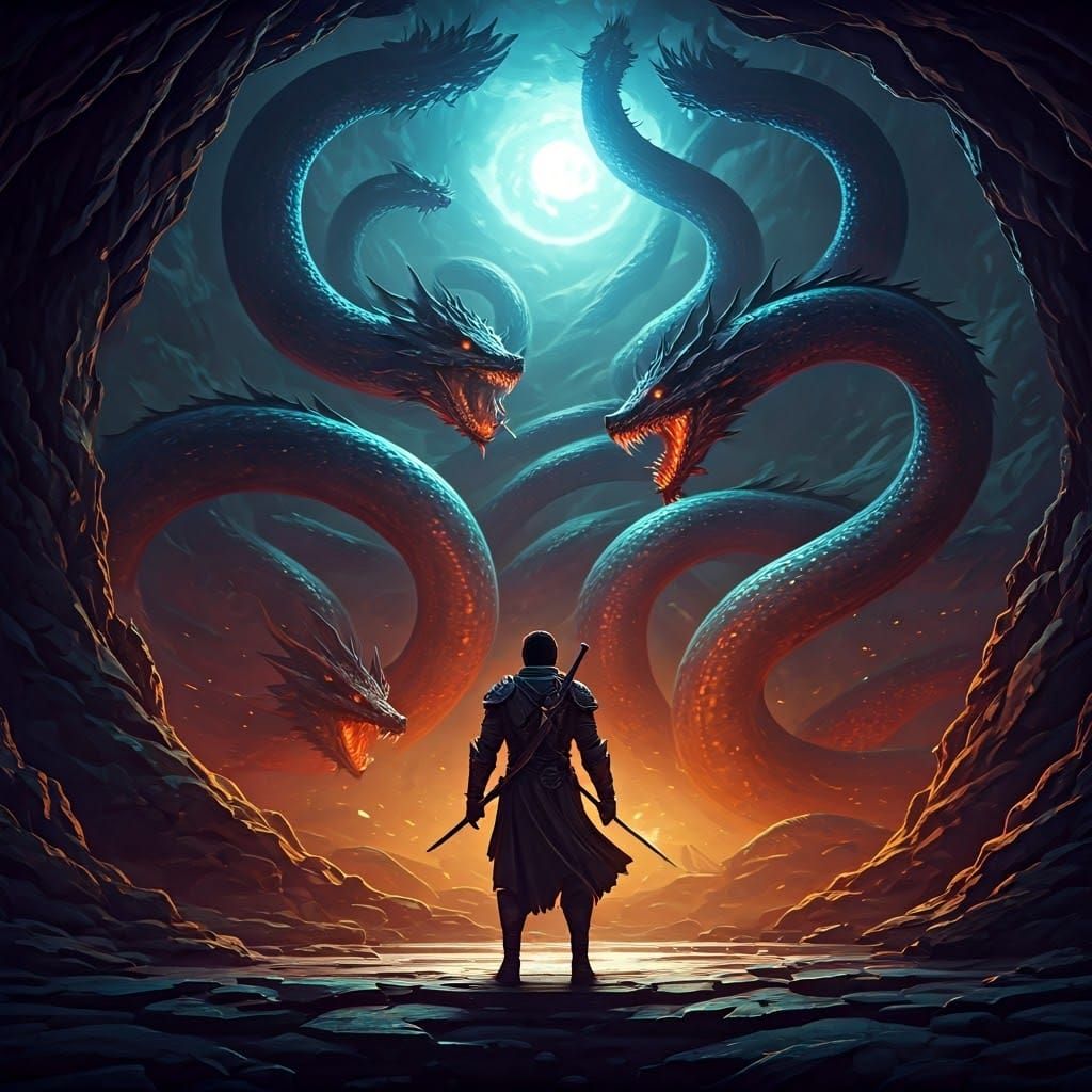 Heroic Fantasy Adventurers Confront Hydra: Detailed Matte Pa...