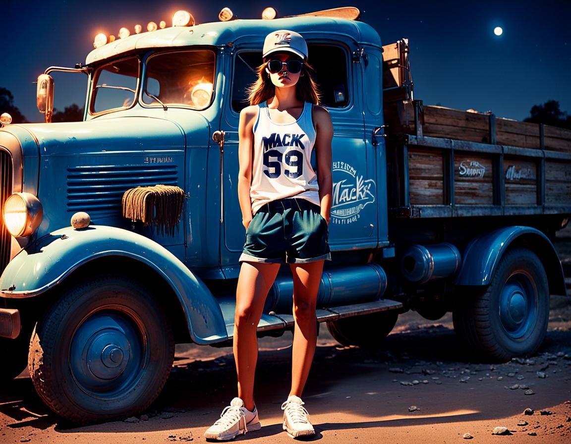 Woman by Old Mack Truck at Night