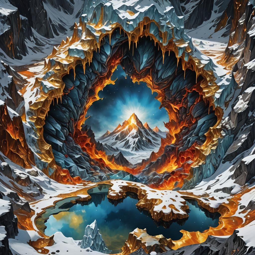 Volcano Eruption Reflected in Gold Mirror