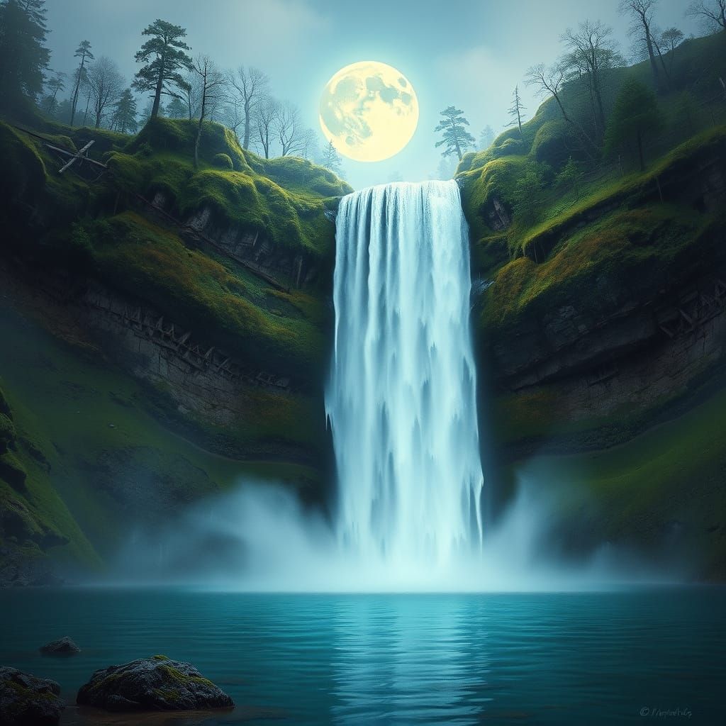 Moonlit Waterfall Cascades in Dreamlike Realism