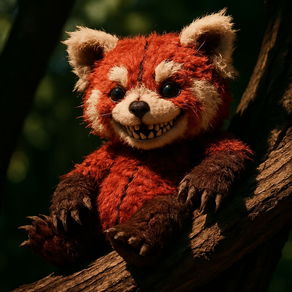 Creepy Cute Red Panda Toy on Branch, Realistic Style
