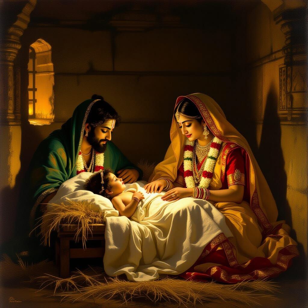 Krishna's Birth in Prison Cell as Classical Indian Art