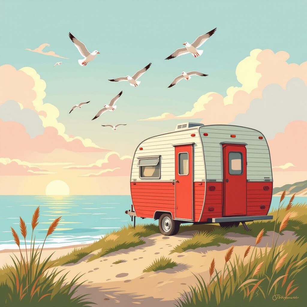 Seaside Trailer with Red Door at Sunset