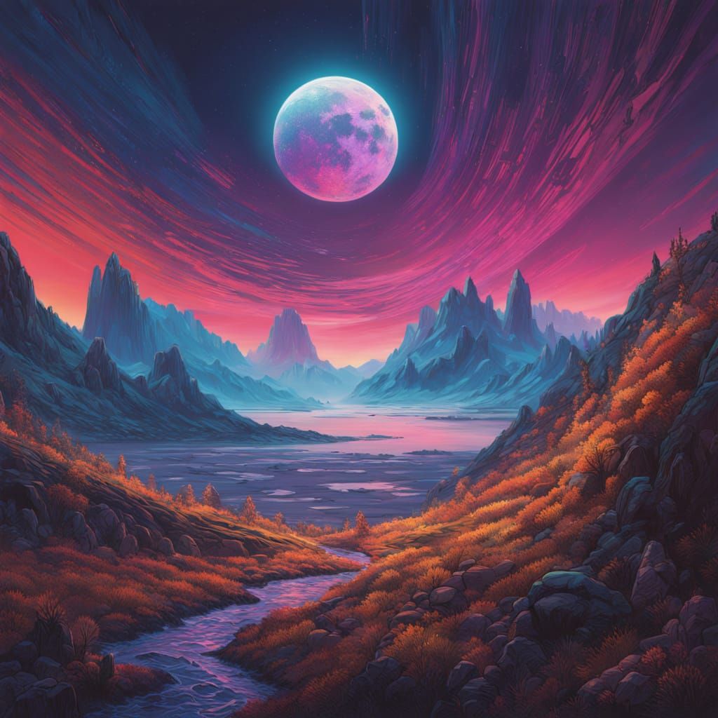 Ethereal Lunar Landscape in Cyberpunk Aesthetic