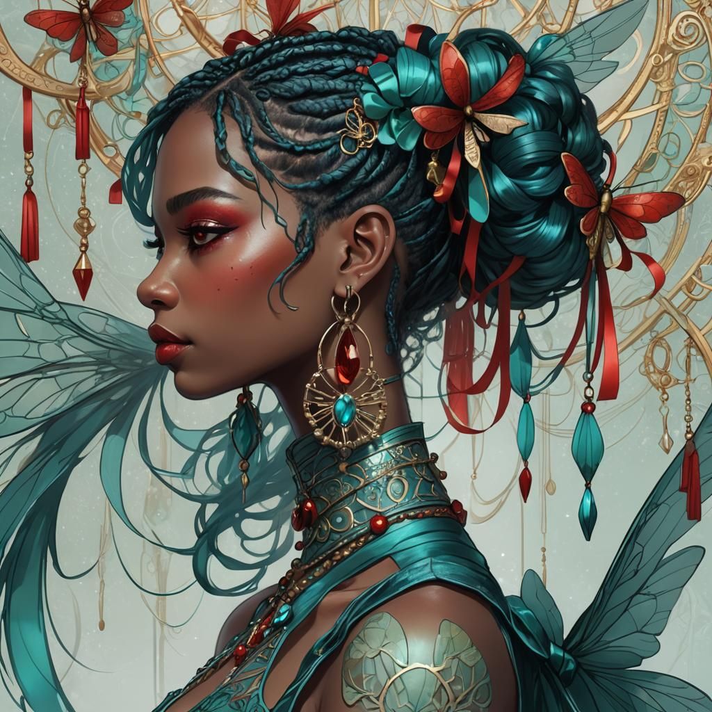 Ebony Girl with Teal Hair and Translucent Wings