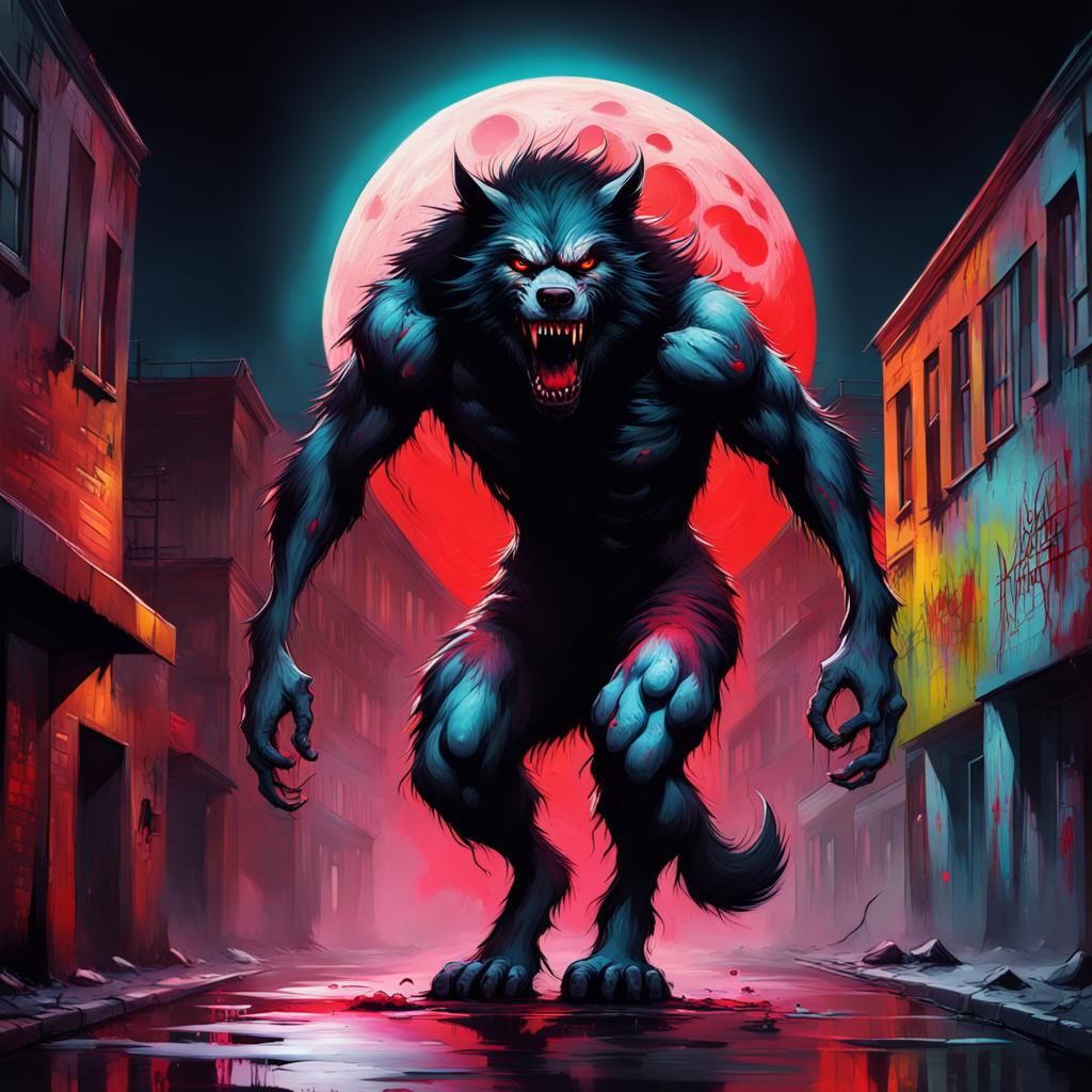 Scary Werewolf Graffiti Art Under Full Moon