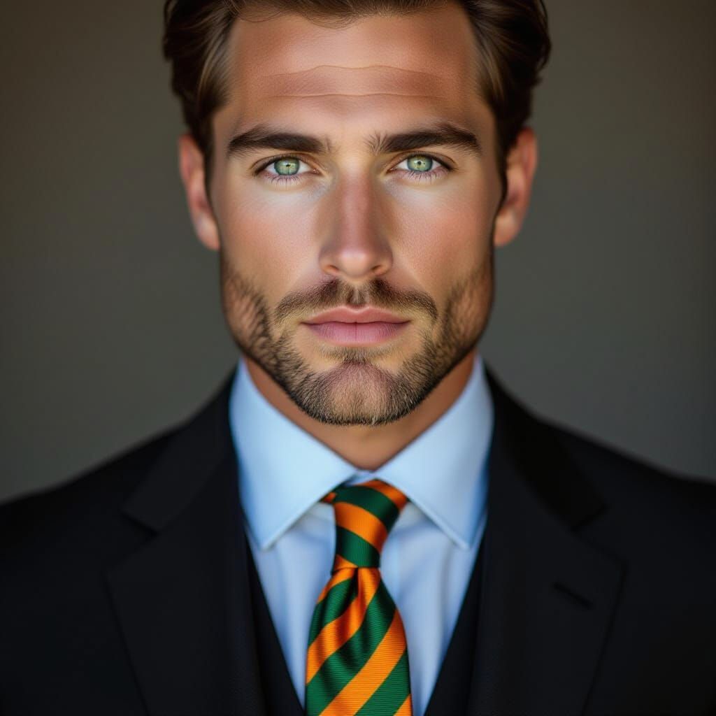 Man in Black Suit with Striped Tie and Brown Shoes Portrait