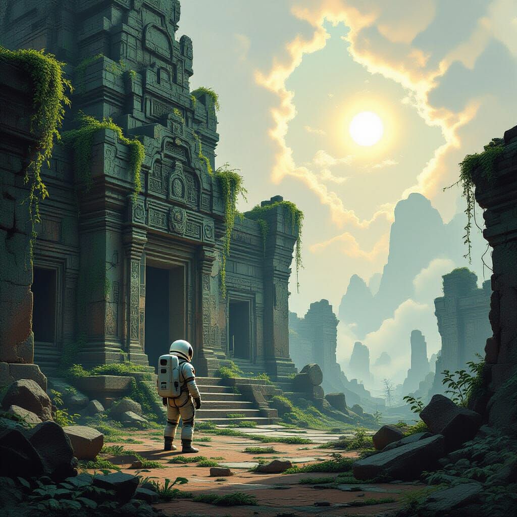 Astronaut Explores Overgrown Alien Temple Under Nebula Glow