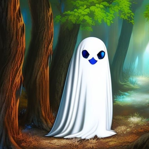 Cute Blue-Eyed Ghosts Smiling in Forest, Hyperrealistic Art